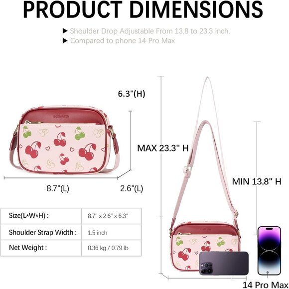 Bostanten Women Cherry PU leather Small Quilted Crossbody Bags With Wide Strap - Picture 3 of 6